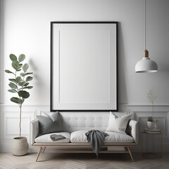 Classic Black and White Interior with Empty Mockup Poster Frame, 3D Render
