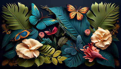 Tropical leaves, large exotic flowers and butterflies frame. Exotic botanical design for cosmetics, spa, perfume, beauty salon, travel agency, florist shop Ai generated image