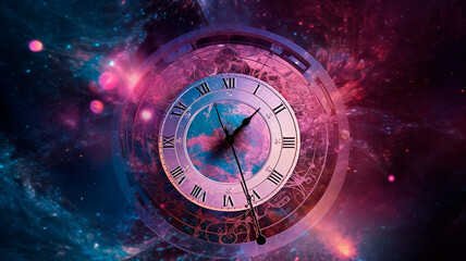 Clock close-up in space, the universe and time
