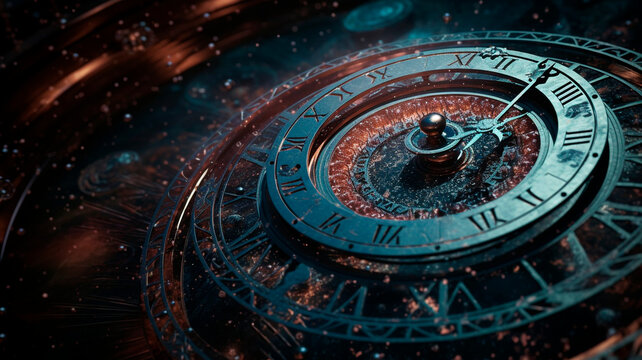 Clock close-up in space, the universe and time
