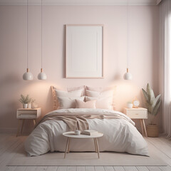 Cozy Bedroom Interior with Mockup Frame, Soft Pastel Colors