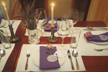 Wedding decor in darkness. Wedding interior. Festive decor. Table decor. Table layout. Restaurant interior.