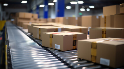 Closeup of multiple cardboard box packages seamlessly moving along a conveyor belt in a warehouse fulfillment center, a snapshot of e-commerce, delivery, automation, and products. Generative ai