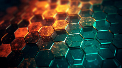 Fractal hexagons with grainy bokeh, colorful and bright background textures
