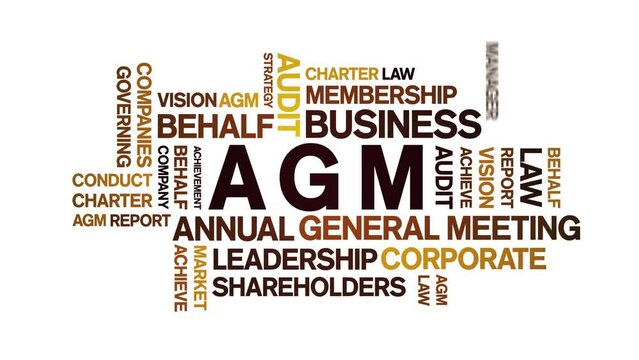 AGM - Annual General Meeting acronym animated tag word cloud;text design animation kinetic typography seamless loop.