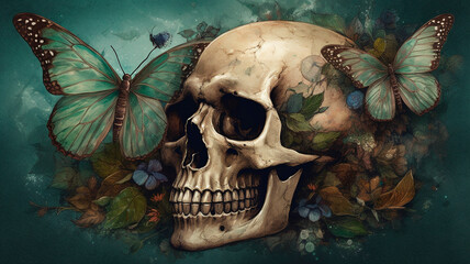 butterflies sit on a skull lying in the grass
