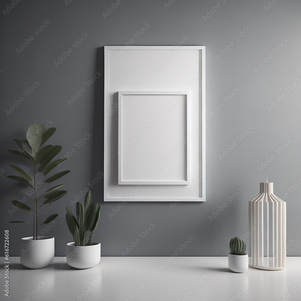 Poster minimalist gallery wall with square frame mockup, 3d render in monochromatic scheme