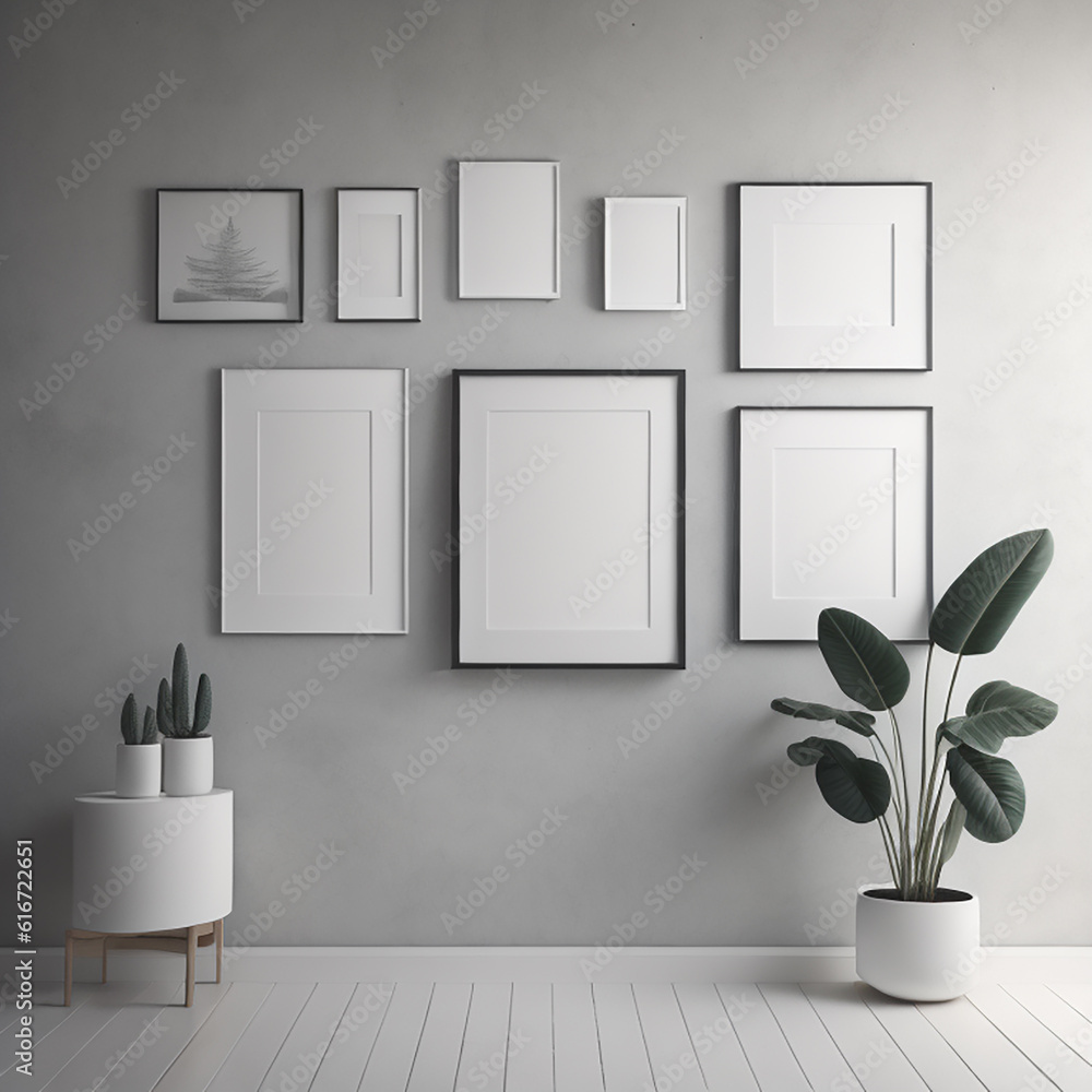 Poster minimalist gallery wall with square frame mockup, 3d render in monochromatic scheme