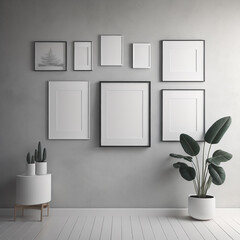 Minimalist Gallery Wall with Square Frame Mockup, 3D Render in Monochromatic Scheme