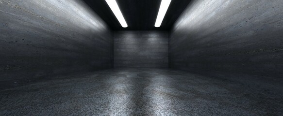 Concrete dark room with white backlight background. Black cement industrial corridor with 3d render blank underground design and white glowing led lines