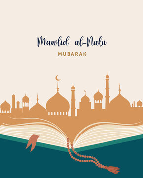 Mawlid Al-Nabi, Prophet Muhammad's Birthday Banner, Poster And Greeting Card With Open Quran Book, 