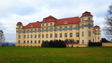 New Castle Tettnang - Germany - 18th-century Baroque royal palace with towers and rooms with Rococo-style paintings and stuccoes.