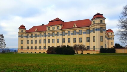 Naklejka premium New Castle Tettnang - Germany - 18th-century Baroque royal palace with towers and rooms with Rococo-style paintings and stuccoes.