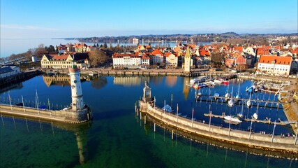 Fototapeta na wymiar Lindau on Lake Constance - Germany - An aerial view with the drone over the beautiful town of Lindau