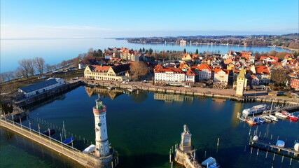 Fototapeta na wymiar Lindau on Lake Constance - Germany - An aerial view with the drone over the beautiful town of Lindau