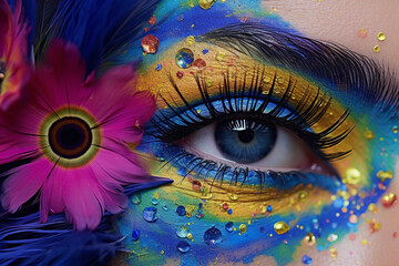 Close-up of a beautiful woman's blue eye with flowers and  floral creative  make-up. Art 3d render image of girl eyes with blue fantasy  face art make-up with field flowers. Beauty and fashion concept