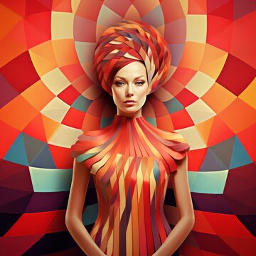 Art portrait of an attractive girl n a multicolored turban on a colorful background with symmetry pattern.  Fashion portrait of beautiful woman with turban on her head. Ai generated fantasy image.