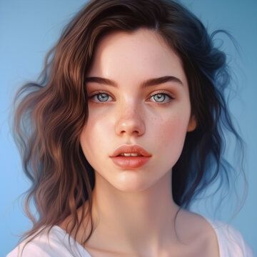 Art oil Portrait of a beautiful young woman with blue eyes and long hair. Painted Portrait of a beautiful girl with long hair on a blue background
