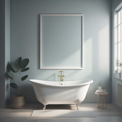 Fototapeta na wymiar Serene Bathroom Interior with Empty Poster Frame Mockup, Spa-like Vibes