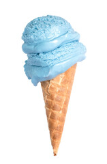 
lavender ice cream in waffle cone isolated on white background