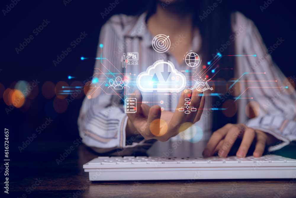 Aufkleber Big data analytics and business intelligence concept with chart and graph icons on a digital screen interface and a businesswoman in background