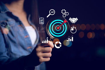 business finance technology and investment concept. Stock Market Investments Funds and Digital Assets. hand hold magnifying glass analyzing business target point. Business finance background