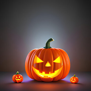 Halloween illustration with scary smiling pumpkins and empty space for text, 3d render. Generation ai