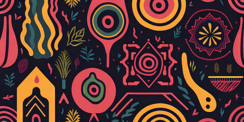 Fototapeta premium Boho-style background, abstract shapes and patterns on a dark backdrop, creative illustration with ornaments, decorative poster design, banner cover. Ai generation
