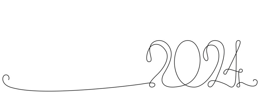 Banner with decoration continuous line hand drawing sign for 2024 year calendar. Vector stock illustration minimalism design isolated on white background. Editable stroke single line. 