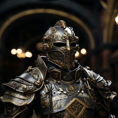 Steampunk knight in black with golden texture. Created with Generative AI