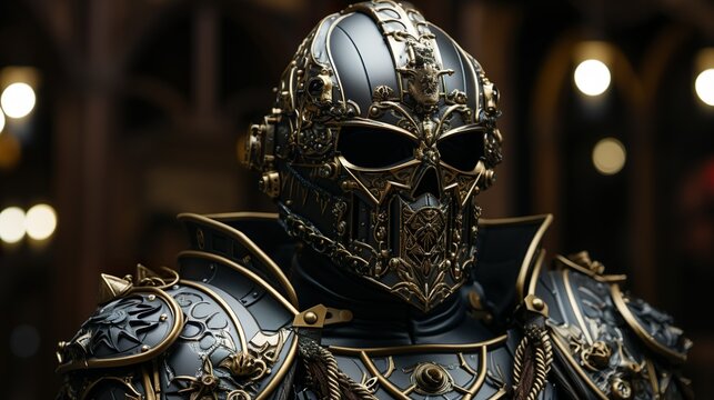 Steampunk knight in black with golden texture and skull motive