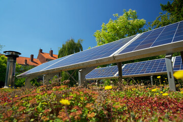 Green roof garden with blue solar panels. Sedum green roof with photovoltaic panels.