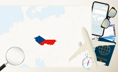 Czech Republic map and flag, cargo plane on the detailed map of Czech Republic with flag.