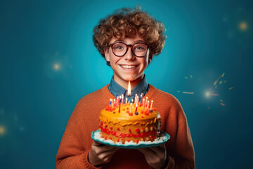 Happy smiling guy teenager holding festive cake with candles. Prepares for party or birthday celebration expresses good emotions. Birthday party for kids. Generative ai.