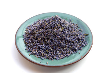 Dried lavender flowers on white background.