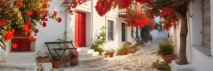 Fototapeta na wymiar Greek street, whitewashed houses, beautiful red liana flowers, path to the sea. Generative AI