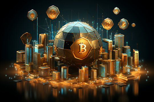 Bitcoin cryptocurrency coin on the background of the city 3d illustration AI Generative