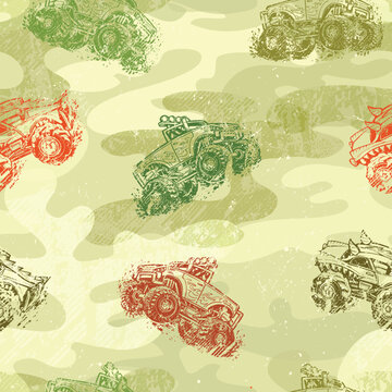 Off road truck seamless pattern on repeat grey camouflage background. Shabby textured Grunge repeated wall and big car. Monster vehicle poster