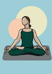 Yoga illustration. line art, ink graphic. colored spots and blue background. Easy Pose basics. Sukhasana