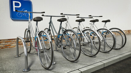 Obraz premium White bicycles in bicycle parking area. 3D illustration