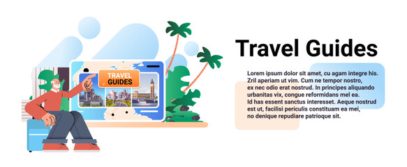 Fototapeta na wymiar senior man traveler planning next travel destination on digital guide screen with landmarks travelling concept