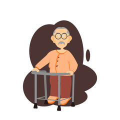 Front view of elderly man wearing glasses is standing on walker on black background.Old man standing by walking aids.Cartoon Seniors illustration flat design characters concept for Healthcare.