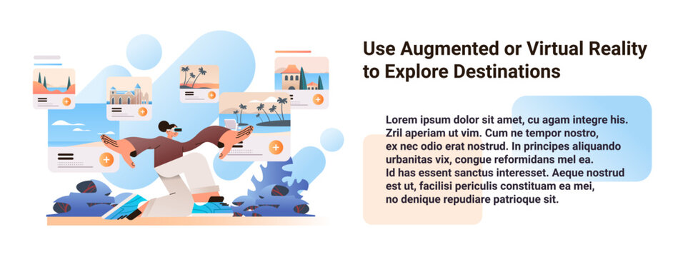 woman tourist in vr glasses use augmented or virtual reality exploring destination headset technology innovation concept
