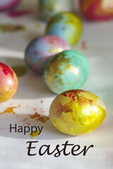 Easter holiday concept. Easter background, colorful Easter eggs lie on the table.