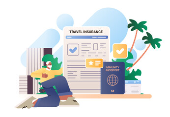 man traveler getting document for leaving country vacation trip offer access travel insurance options journey tourism concept