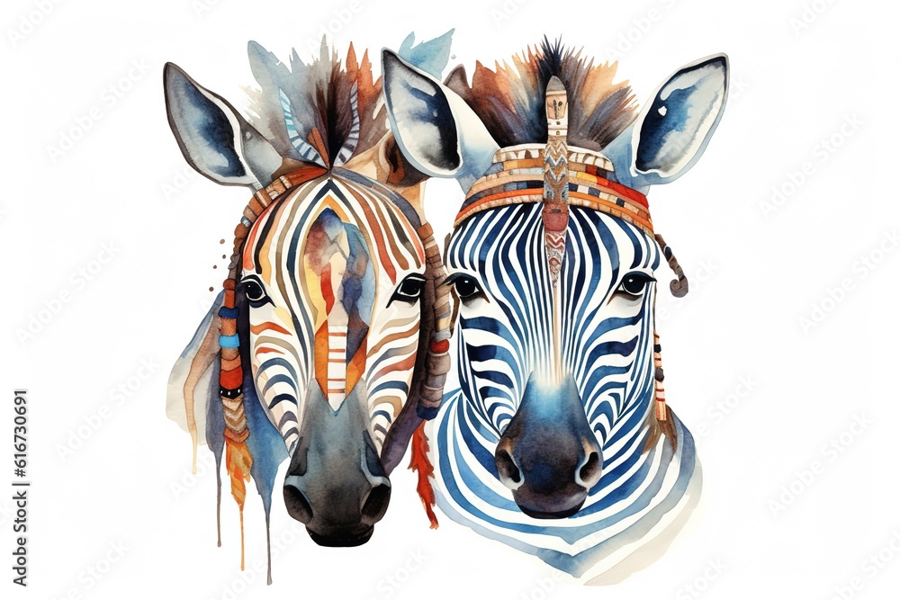 Poster Cute Zebra Safari Tribal Animals Illustration painted in watercolor on a white isolated background.