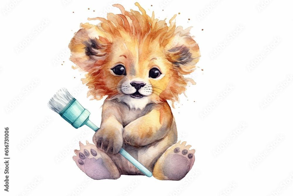 Poster baby lion bedtime wearing pajama and holding tooth brush painted in watercolor on a white isolated background.