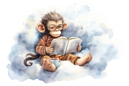 baby monkey wearing pajama and reading book on the cloud painted in watercolor on a white isolated background.
