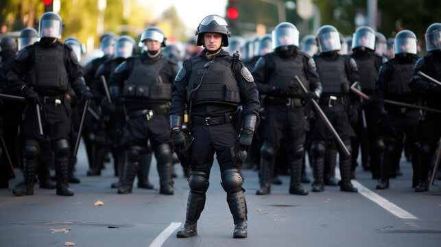police in full gear on the street. police in hardhats, hard hats and body armor fighting against protests or riots.Generative AI