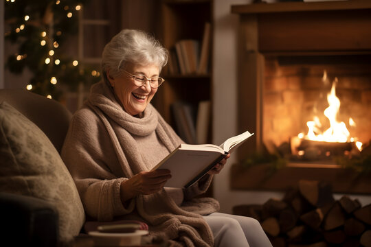 AI generated elderly woman laughing while reading a book in a cozy living room